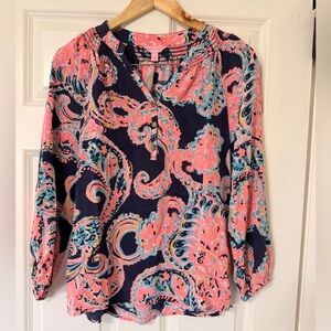 Lilly Pulitzer Navy Blouse with Pink Paisley Print